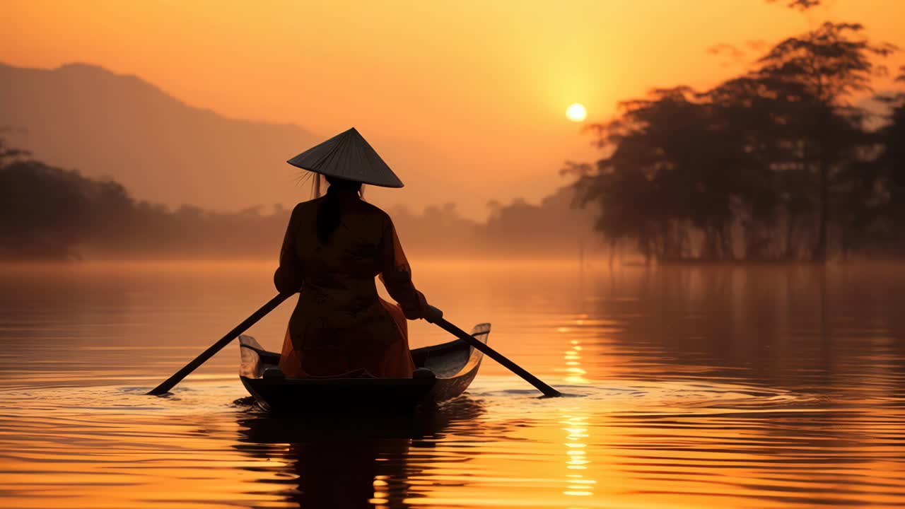 Serene video scene of a person rowing at sunrise, captured from behind at a low angle