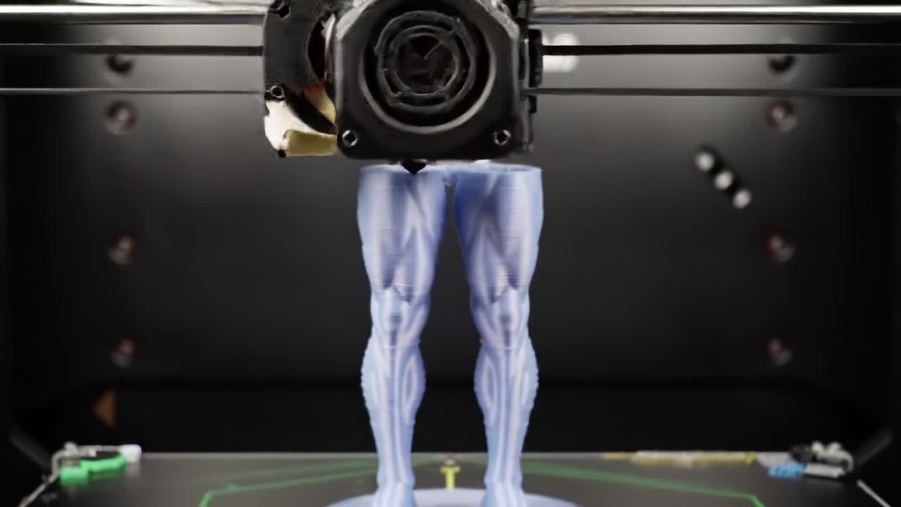 A Detailed View of a 3D Printer Creating Realistic Muscular Legs, Capturing the Precision and Technique of Modern Additive Manufacturing Technology