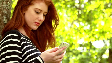 Pretty-redhead-sending-a-text-in-the-park-