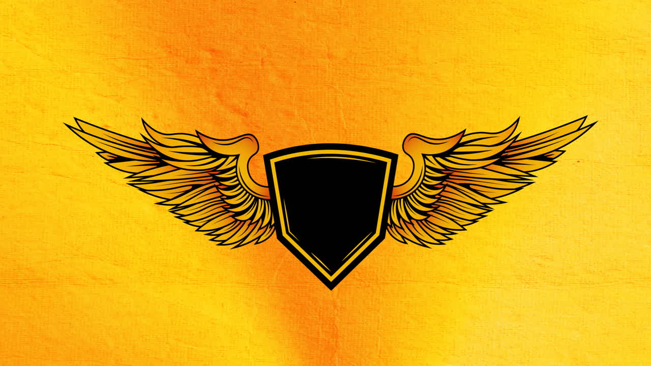 animación digital del diseño del logotipo con insignia y alas contra un fondo amarillo