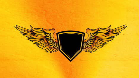 digital animation of logo design with badge and wings against yellow background