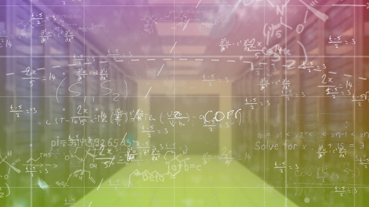 Ecuaciones matemáticas moviéndose sobre líneas de cuadrícula en una sala de servidores.