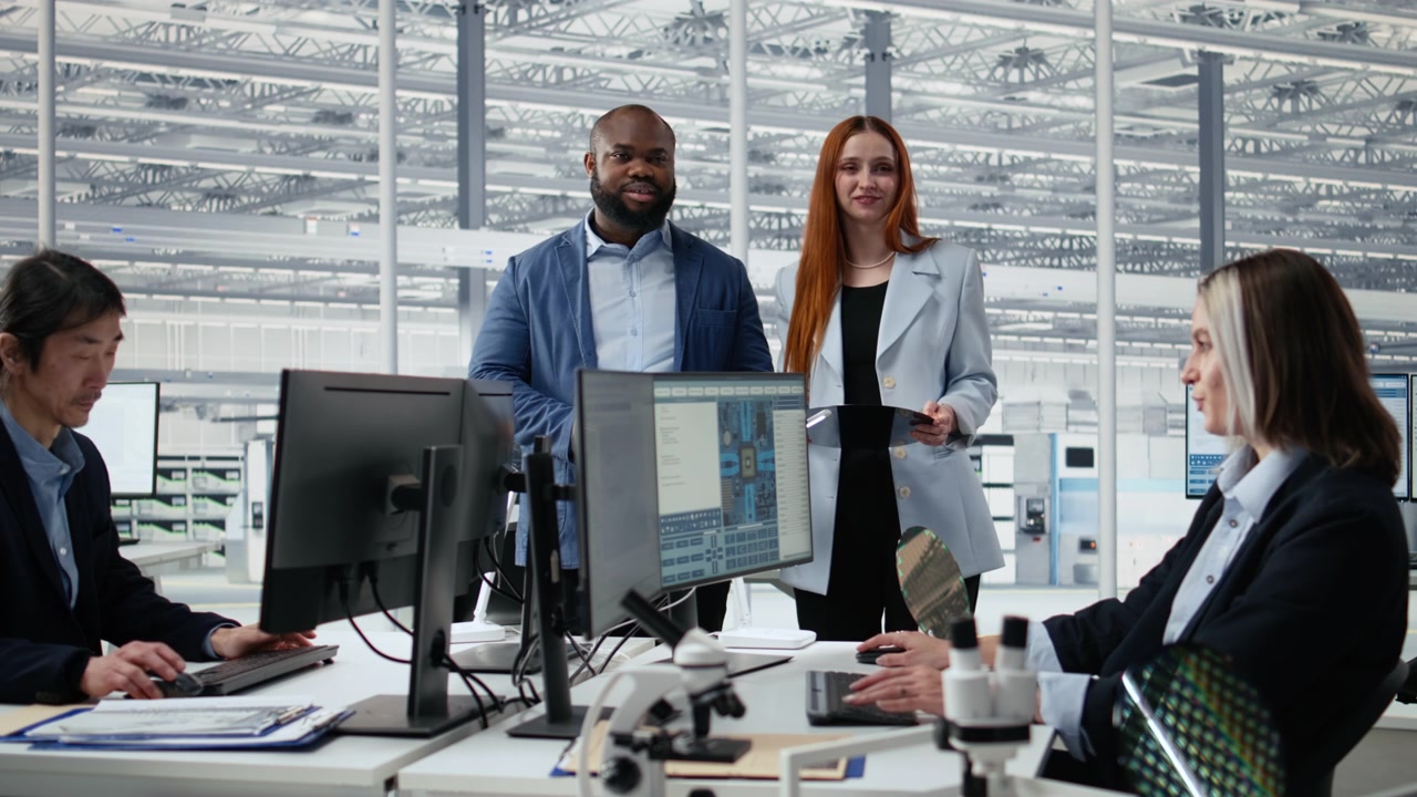 Portrait of smiling engineering team examining semiconductor substrate