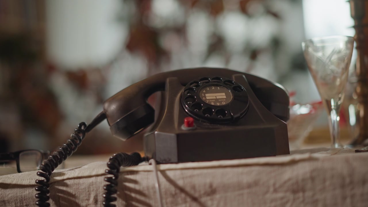Telepon putar hitam vintage di atas meja, kabel melingkar melilit di permukaan linen, gelas kristal menangkap bokeh hangat, latar belakang ruang tamu bernuansa lembut, cahaya sinematik yang lembut, suasana nostalgia yang membangkitkan ketenangan.