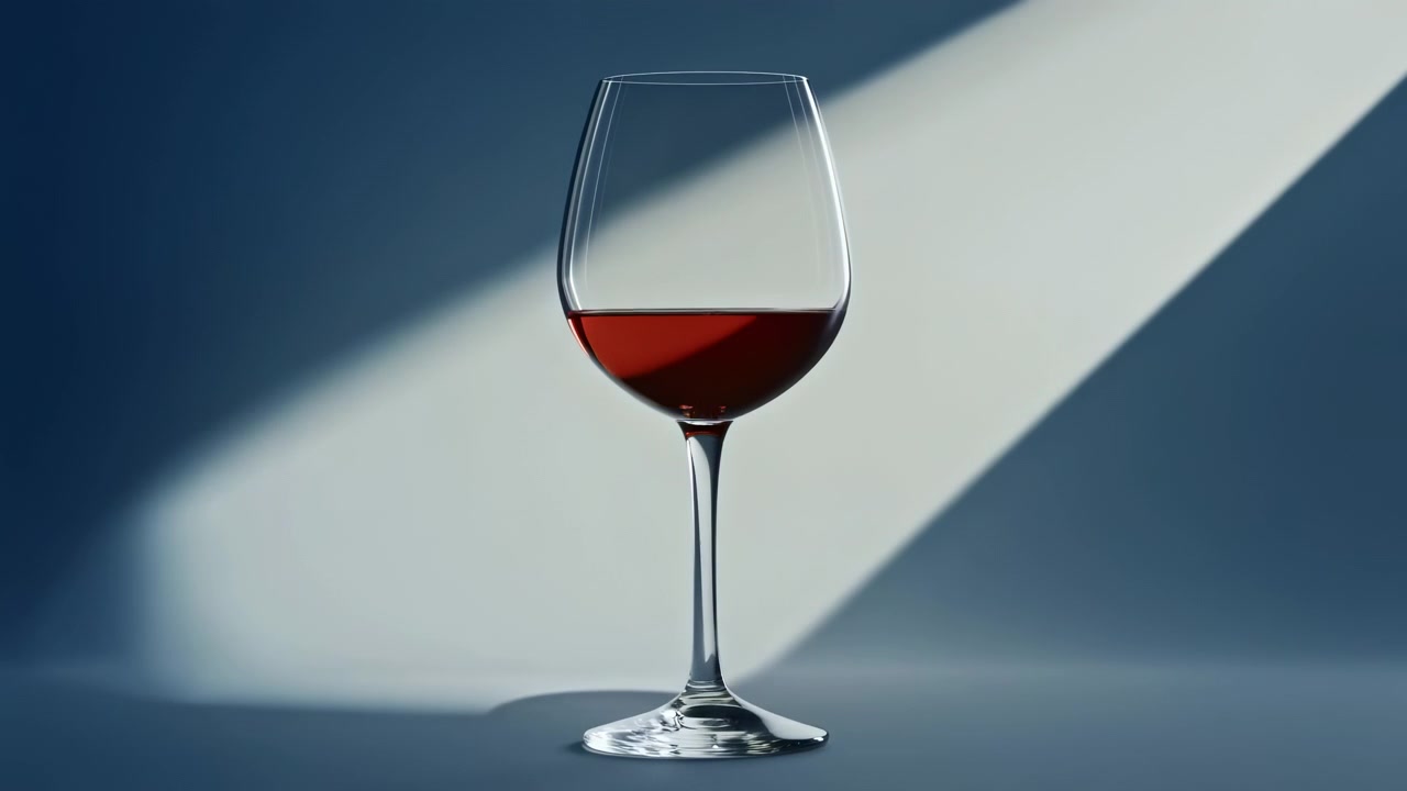 Ein einzelnes klares Weinglas steht mittig auf einer glatten Tischplatte mit roter Flüssigkeit, die ruhig gehalten wird, während das Studiolicht von einem kühlen Farbverlauf zu einem warmen, fokussierten Glühen wechselt, wodurch ein eleganter Kontrast, Klarheit und