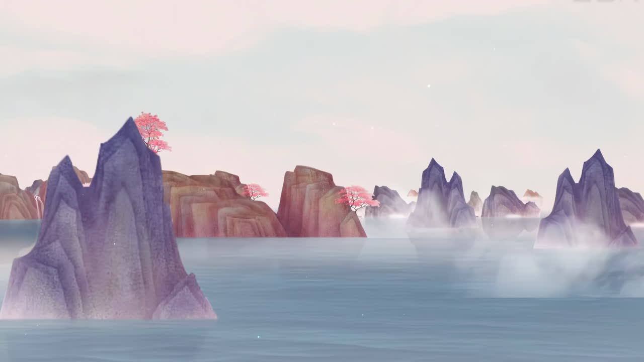 Fantasy bright ambience landscape of beautiful morning sky, mountains, flowers, lake, ancient house with simple animation in Japanese Chinese anime watercolour style.