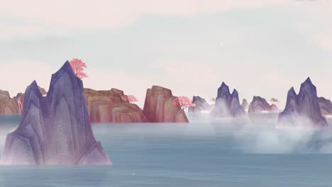 fantasy bright ambience landscape of beautiful morning sky, mountains, flowers, lake, ancient house with simple animation in japanese chinese anime watercolour style.