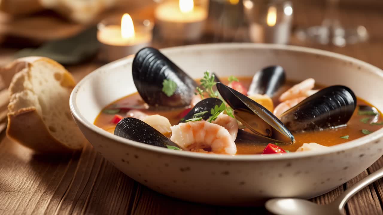Video ravvicinato di zuppa di pesce in una ciotola rustica, ripreso con una leggera angolazione con luce di candela