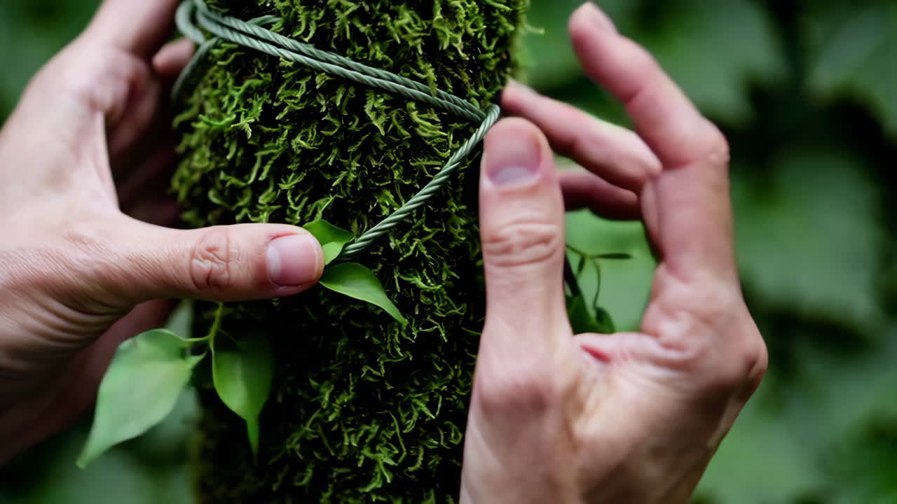 Hands working with moss, twine, and plants