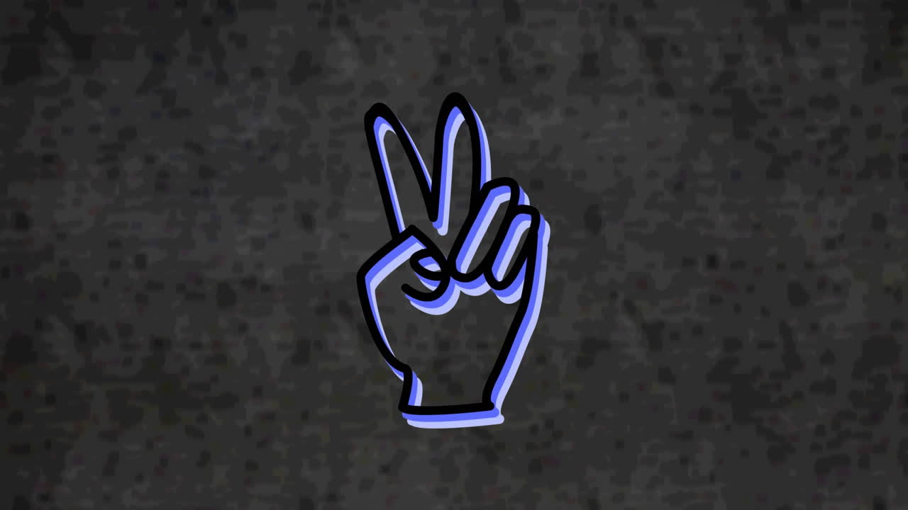 animación del signo de la mano de la victoria en fuente de neón parpadeando sobre un fondo gris