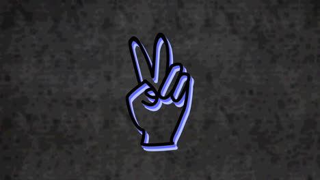 animation of victory hand sign in neon font flickering on grey background