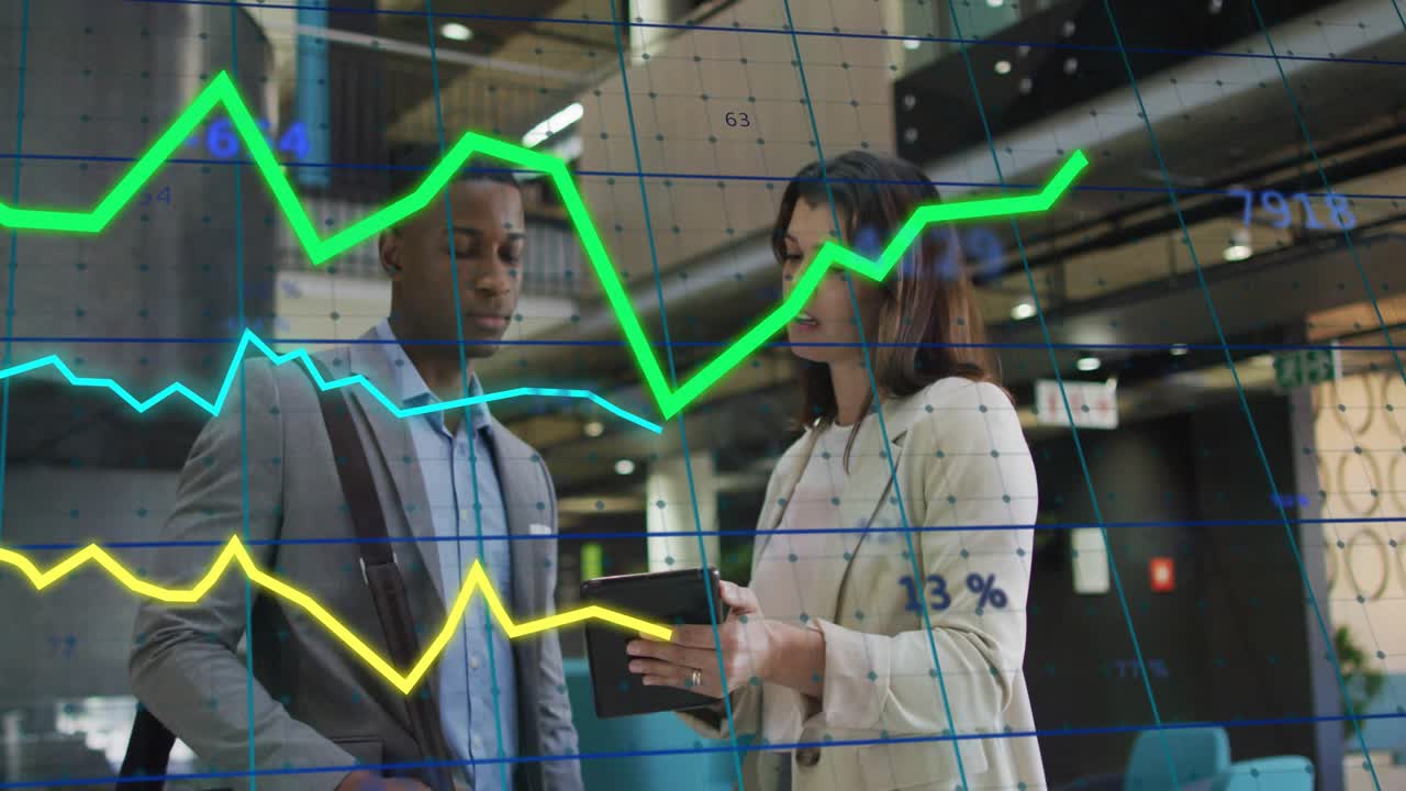 Female raising tablet and starting animated financial graph while male watching peaks and dips
