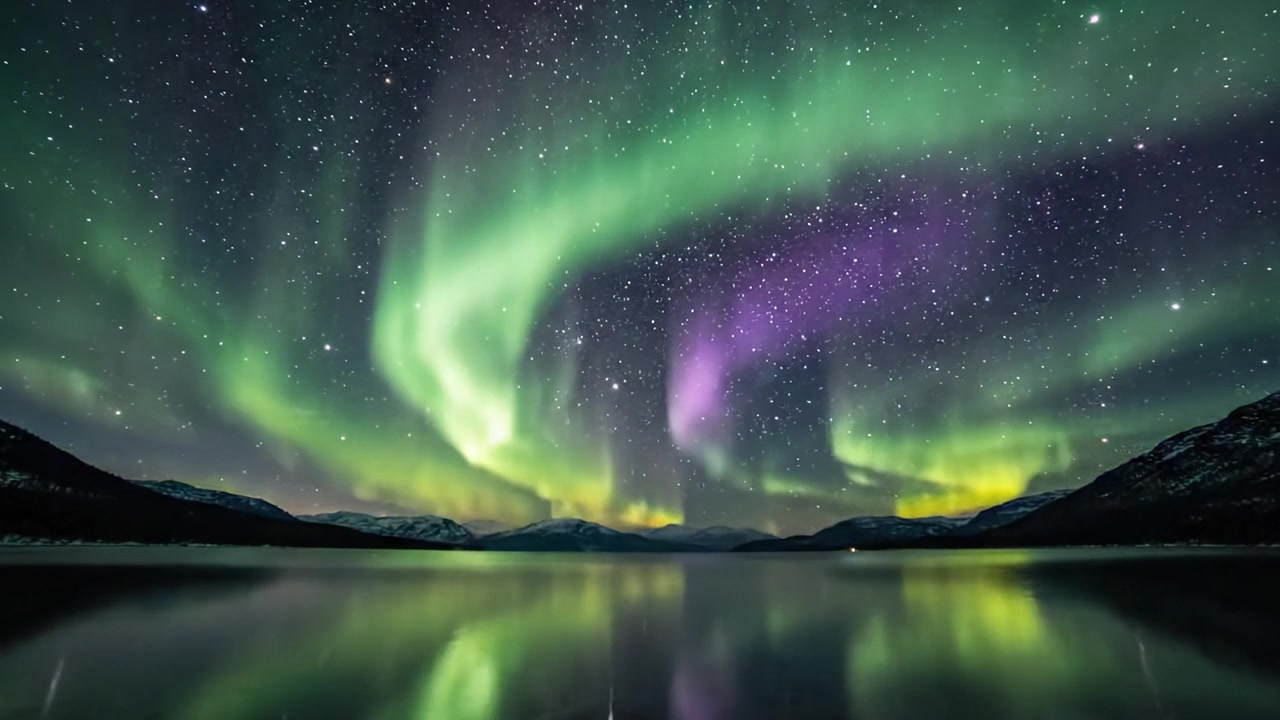 Spettacolare Aurora Boreale in un tranquillo cielo notturno su un lago sereno con acque riflettenti e uno sfondo stellato.
