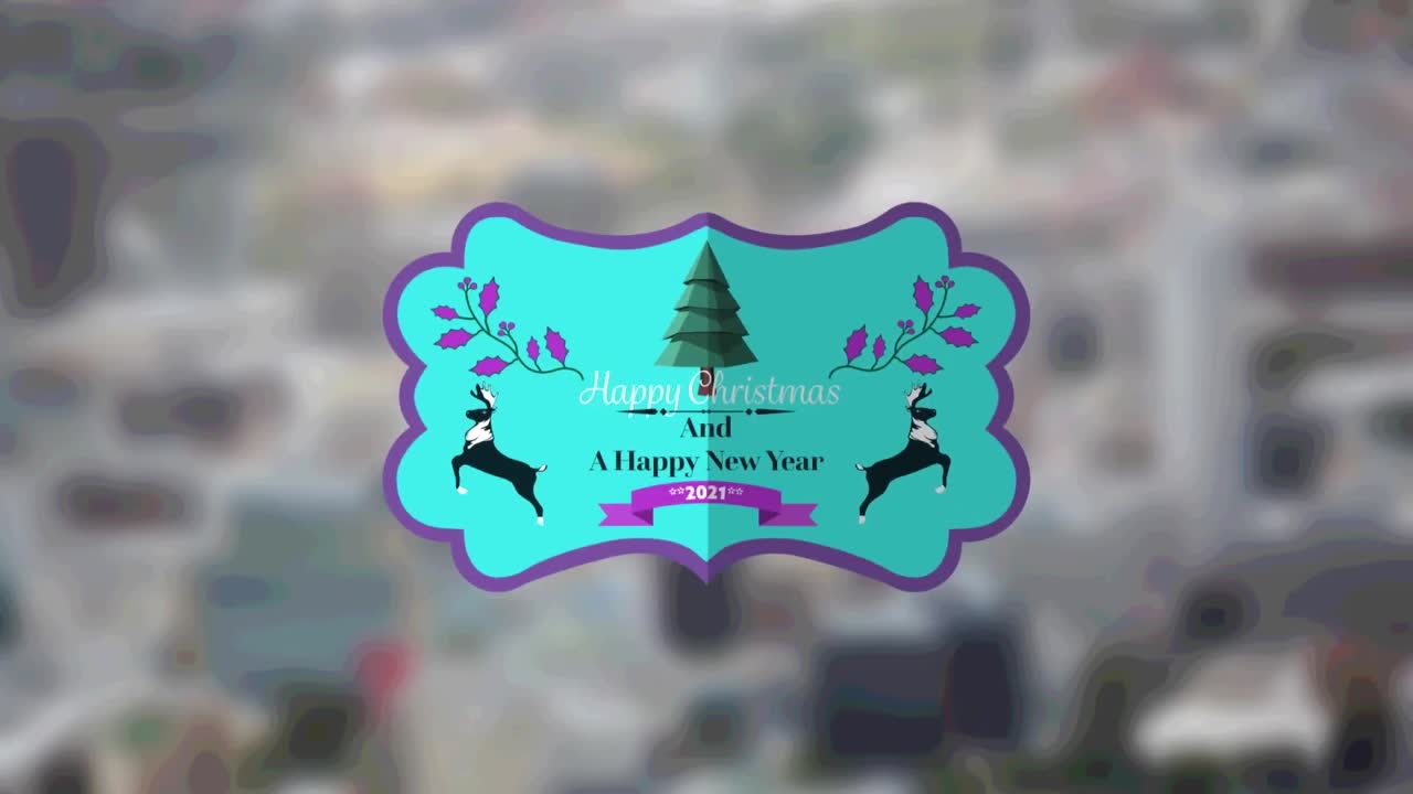 animación de felicitaciones de navidad en la etiqueta fuera de foco paisaje urbano en el fondo