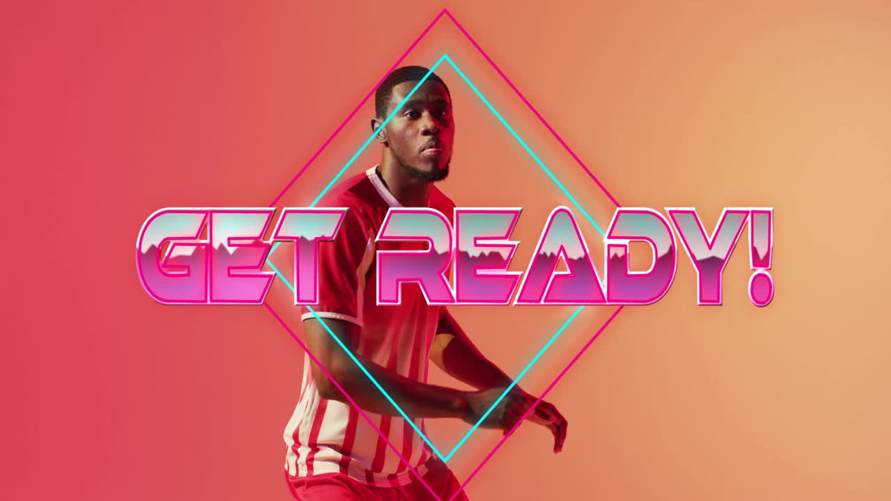 ¡prepárate! animación de texto sobre atleta en ropa deportiva en fondo naranja