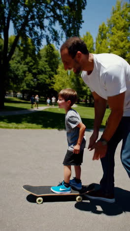 father teaching his son to skateboard in a park