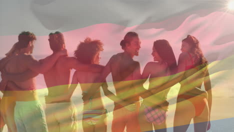 animación de la bandera de alemania sobre diversos amigos formando una cadena humana en la playa