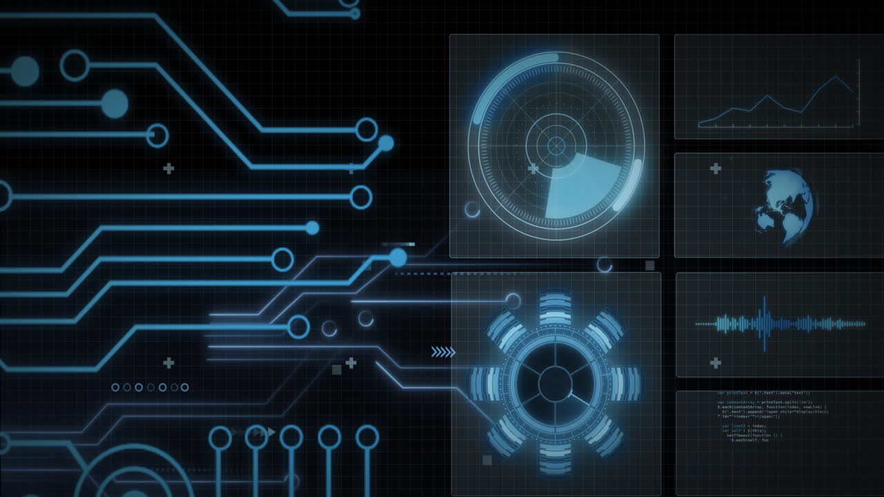 Animation of data processing with scope scanning on black background