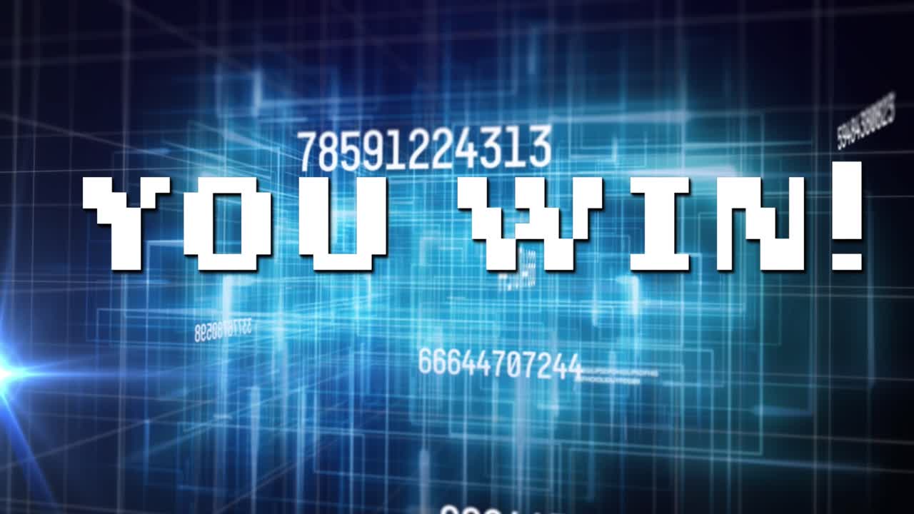 Animation of you win text over data processing and light trails