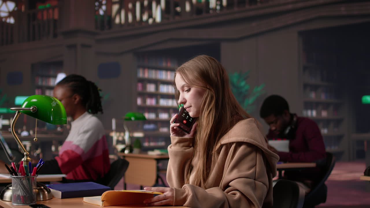 Vertical video noisy girl disturbing pupils at the library by speaking very loud