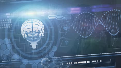 animation of data processing with digital brain over african american man using laptop