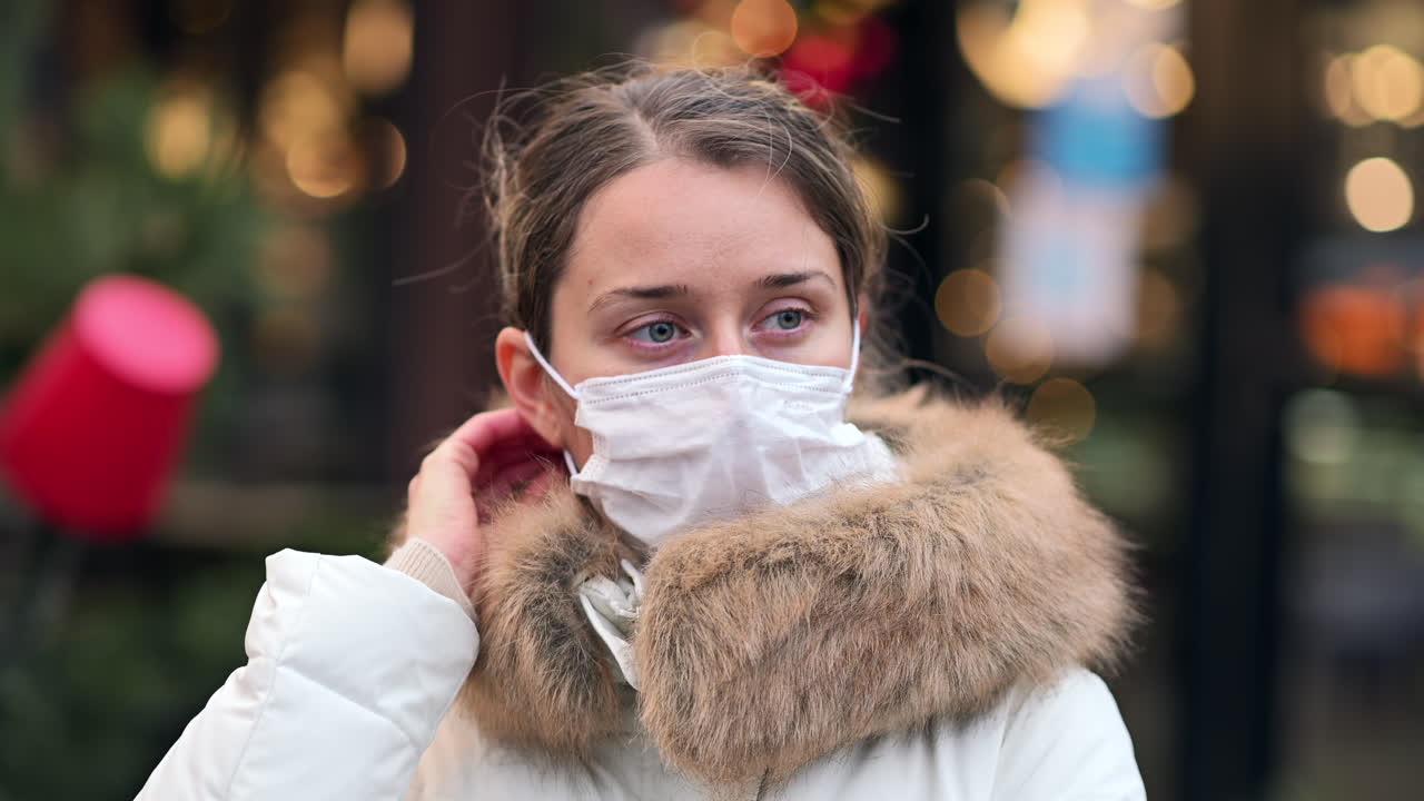 A young woman stands outdoors with a mask on, looking around in a lively city street decorated for the holidays. The atmosphere is colorful and festive as shoppers pass by