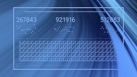 Data processing animation over blue abstract background with numbers and charts