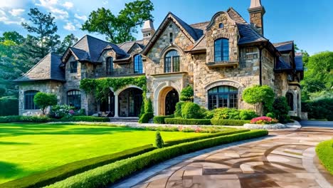 a large stone house with a driveway leading to the front door