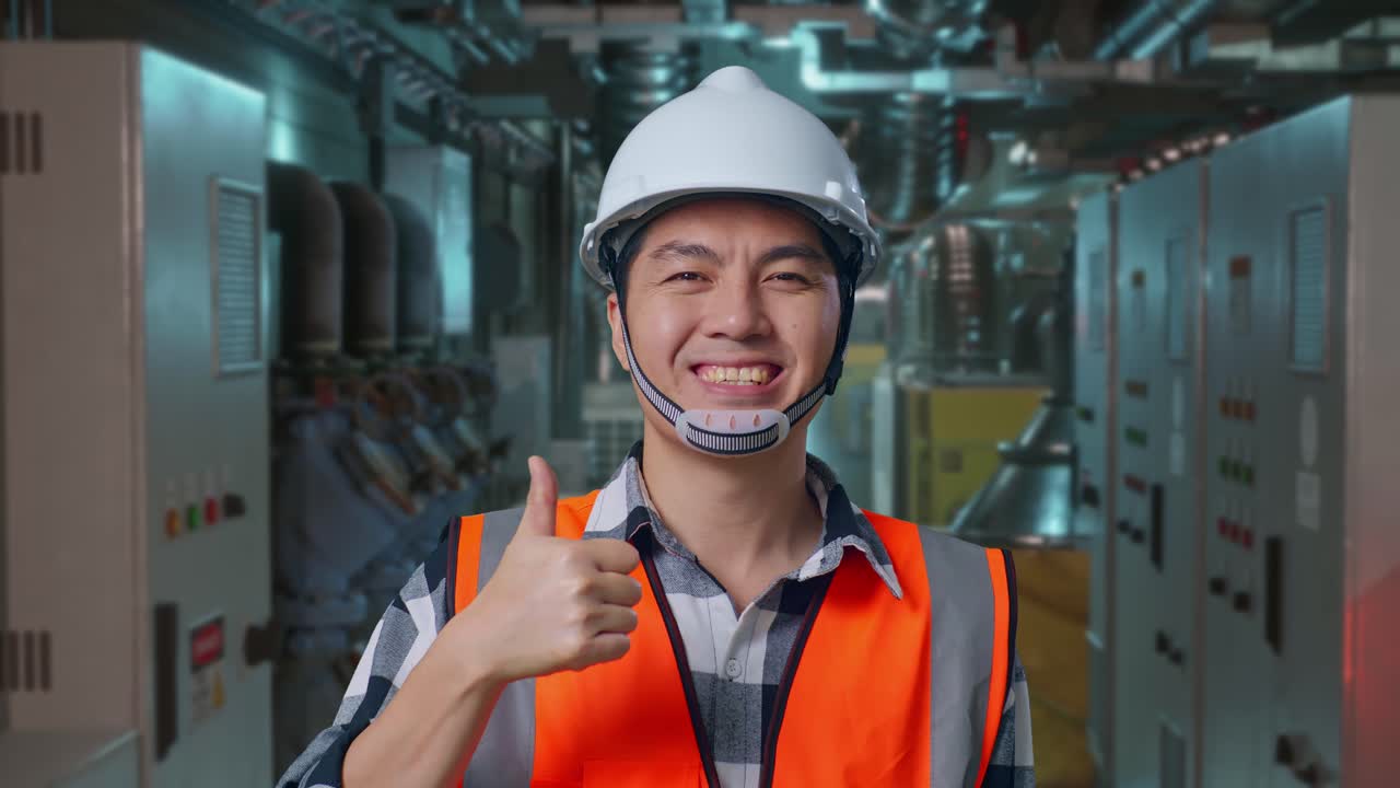 Close Up Of Asian Male Engineer With Safety Helmet Smiling And Showing Thumbs Up Gesture To The Camera While Standing In Engine Control Room, Work Of Electrical Generators