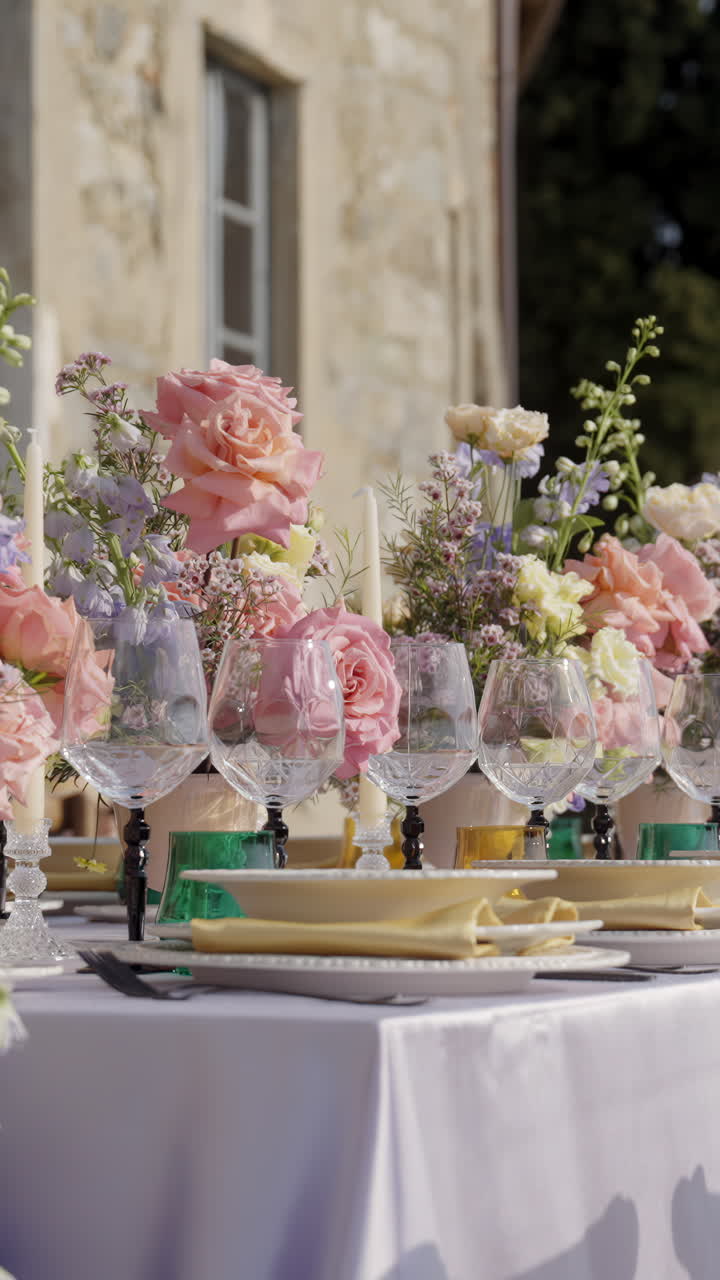 Elegante allestimento da tavola all'aperto con rose rosa e decorazioni floreali