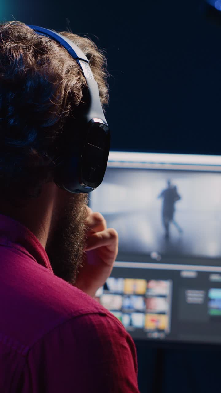 Vertical video Post production studio employee working with raw footage while listening music in headphones