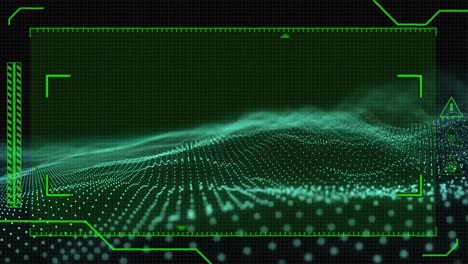 Animation-Des-Bildschirms-Mit-Grünen-Markierungen-über-Einem-Abstrakten-Grünen,-Wellenförmigen-Netz