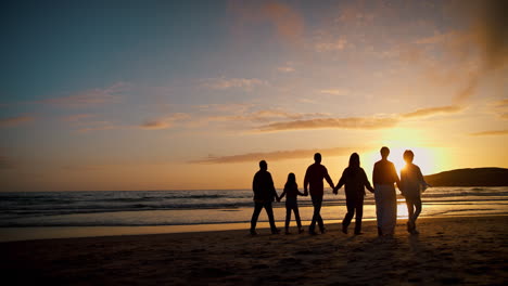 Familie,-Spaziergang-Und-Händchenhalten-Mit-Silhouette