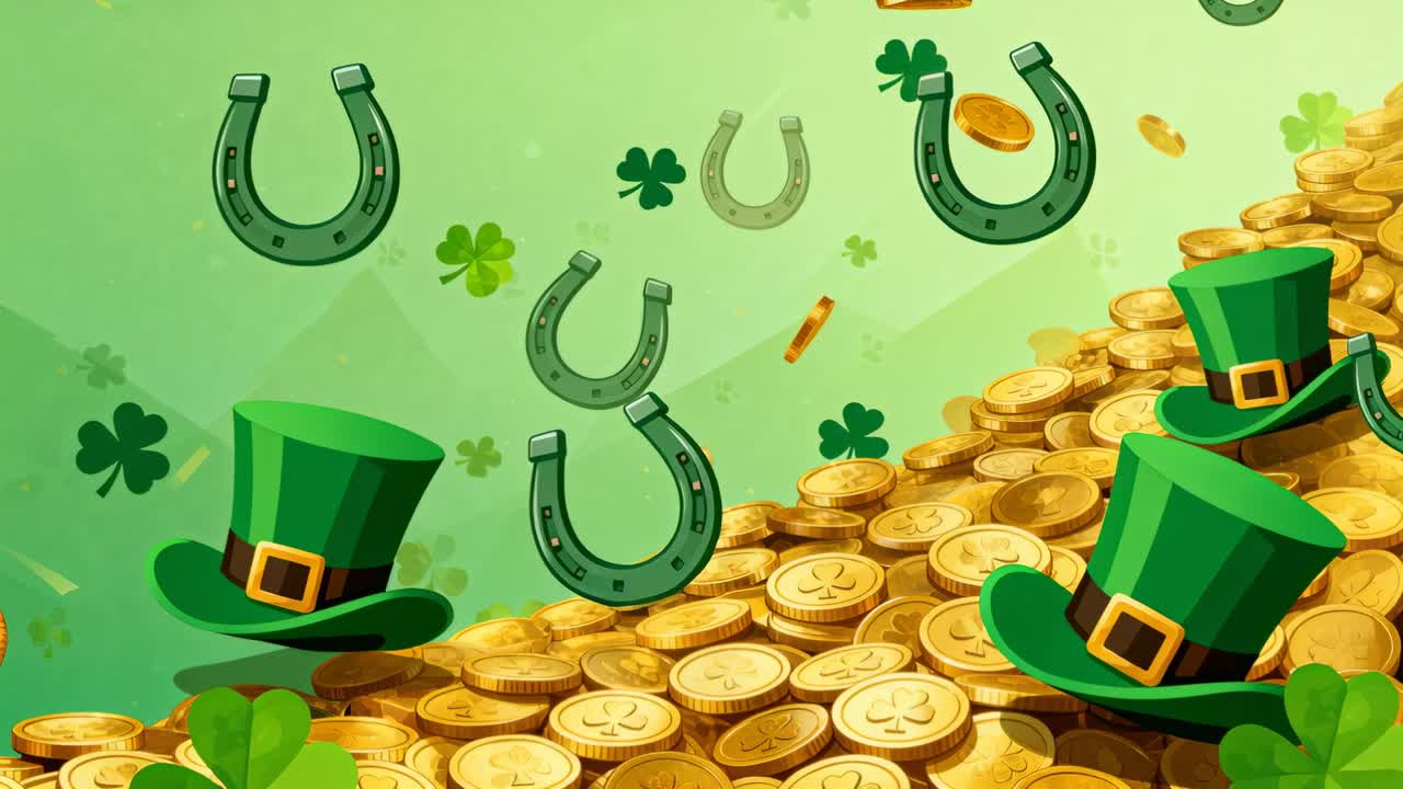 Starting, falling horseshoes, coins landing on coin mound with green hats at green scene for luck