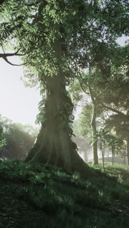 sunlight filters through a dense forest in the early morning hours