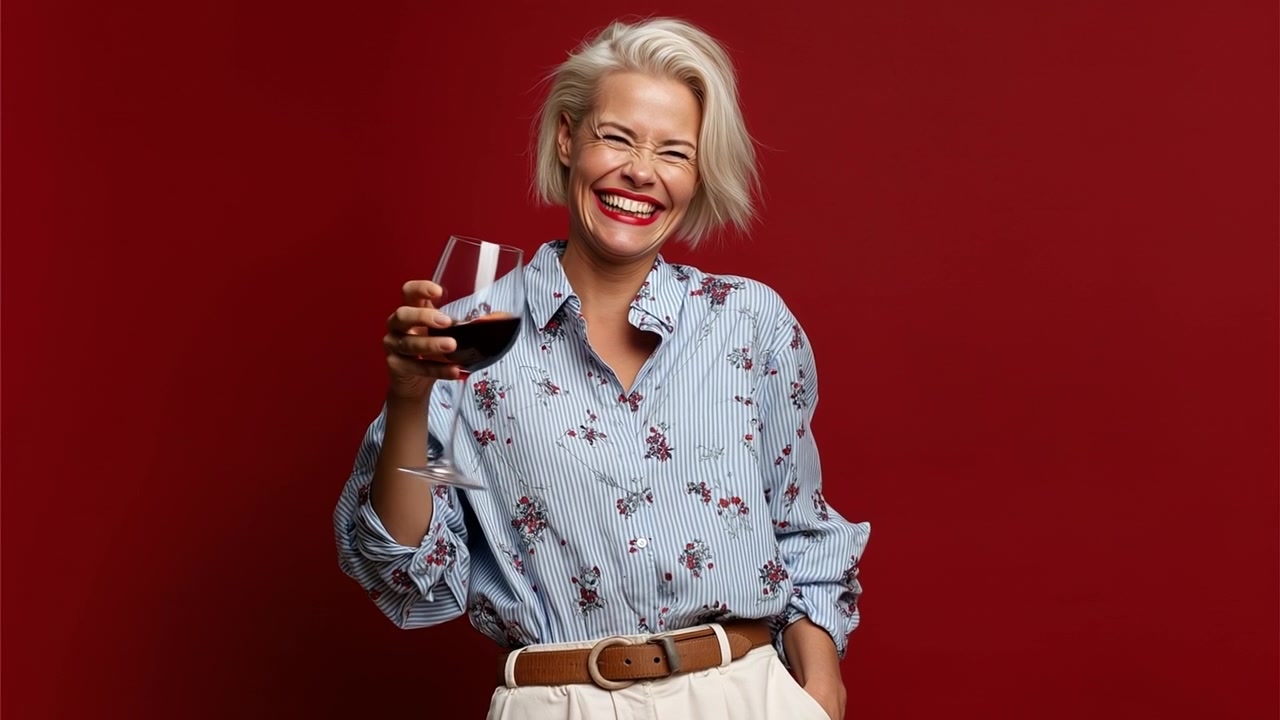 Glad kvinna med kort blont hår som skrattar medan hon håller ett glas rött vin mot en röd bakgrund