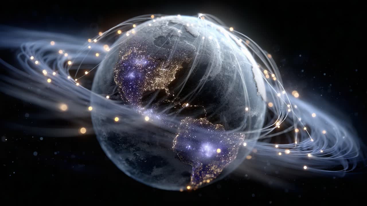 A Stunning Representation of Earth Surrounded by Dynamic Energy Lines and Illuminated Pathways, Illustrating Global Connectivity and the Flow of Information in the Digital Age