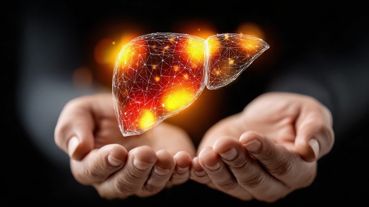 Una visualizzazione vibrante del fegato umano: illuminato e tenuto tra le mani, a significare salute, medicina e vitalità in una rappresentazione digitale accattivante.