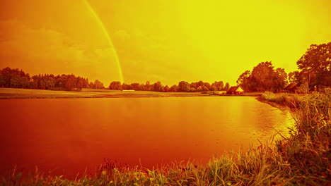 orange sunrise with passing clouds in a blue sky over a large lake