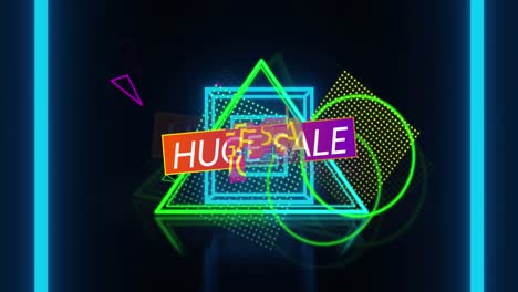 animation of huge sale text in white letters over neon shapes on black background