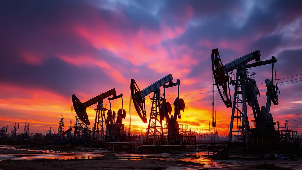 Pompa istasyonları üzerinde dramatik gün batımı: Canlı, renkli bir gökyüzü altında petrol çıkarımının kalbini yakalayan endüstriyel bir manzara.