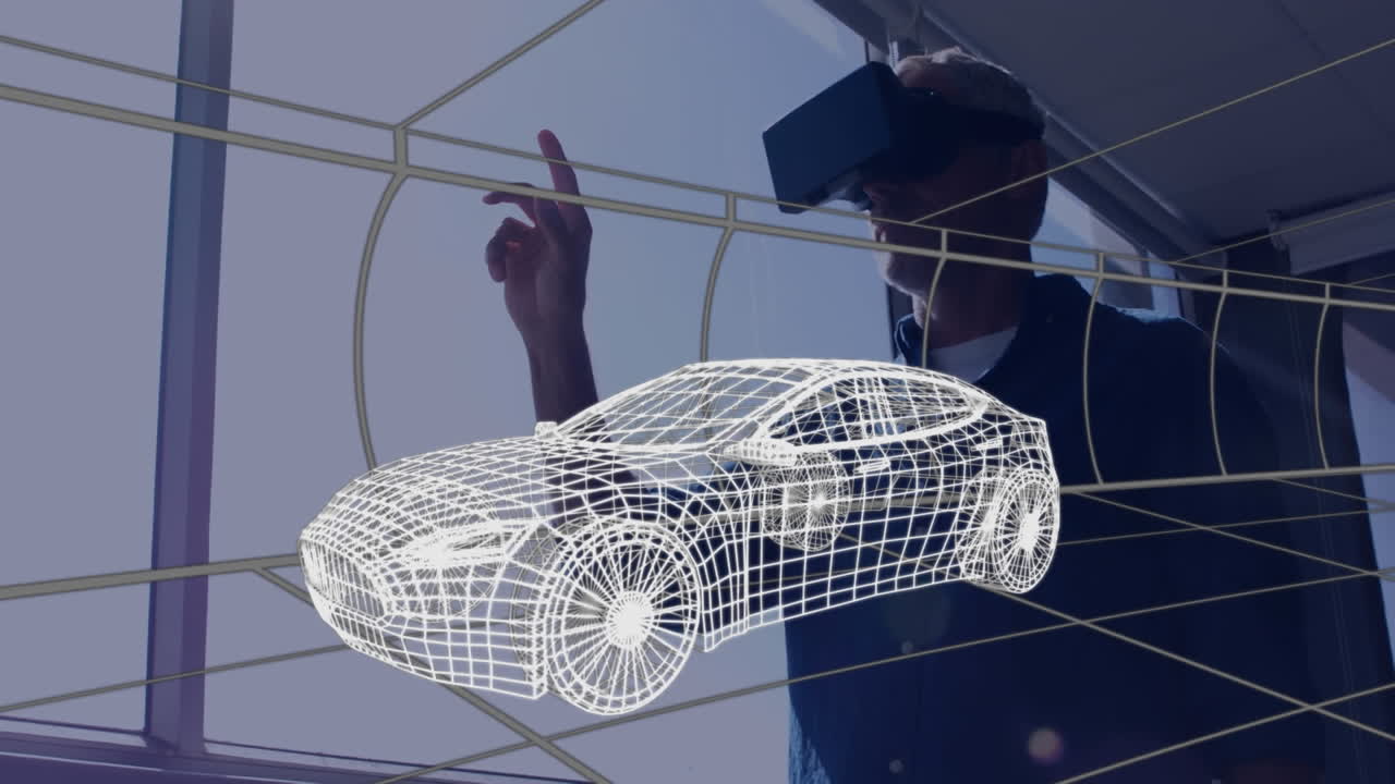 modelo de coche 3d sobre túnel digital contra el hombre que usa auriculares vr en la oficina