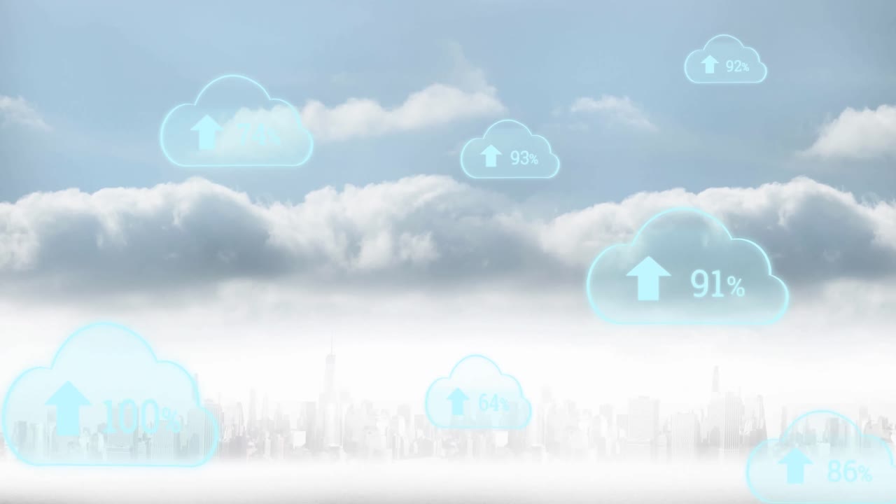 animación de nubes digitales con un porcentaje que sube sobre el paisaje urbano