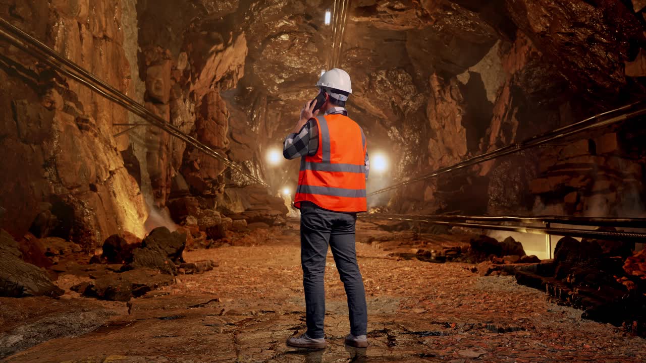 Full Body Back View Of Asian Male Engineer With Safety Helmet Talking On Smartphone While Standing In Underground Mine Tunnel