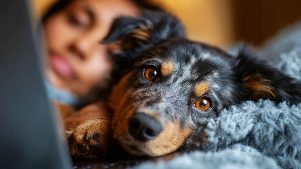 A Cozy Moment: A Close-Up of a Relaxed Dog Resting Comfortably Next to a Person, Emphasizing the Warmth and Bond Between Pets and Their Owners in a Serene Indoor Setting