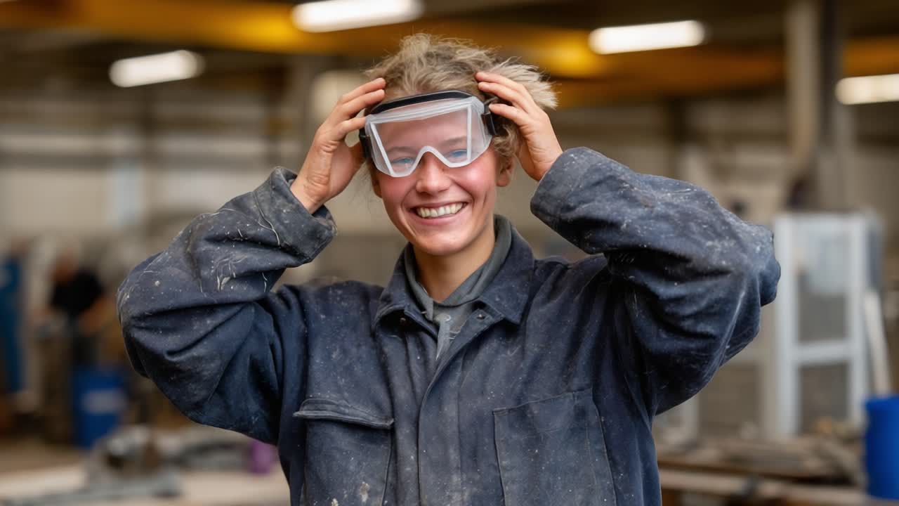 A joyful young woman wearing protective goggles and work attire smiles brightly in a workshop setting, showcasing her enthusiasm for hands-on tasks and craftsmanship