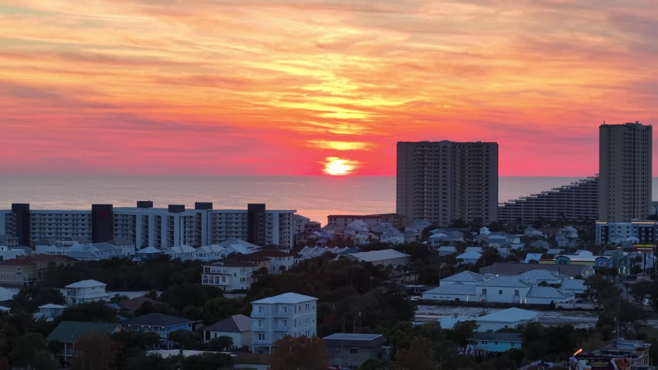 Sunset over beachfront Panama City Beach skyline with tall buildings in evening sky, Florida, USA