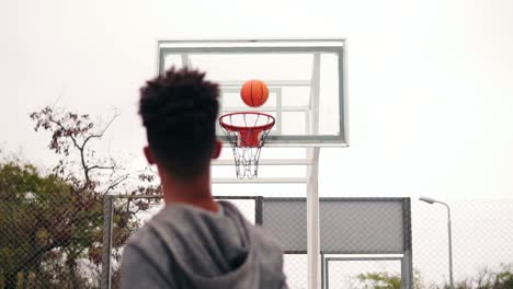 young african player jumping up and throwing ball in a basketball hoop, the ball hits the ring and scores. the man turns around