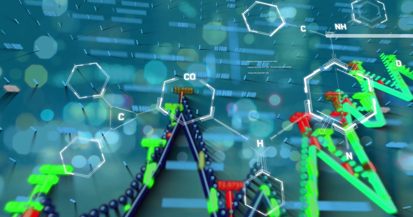 Animation of chemical formula and data processing over cityscape