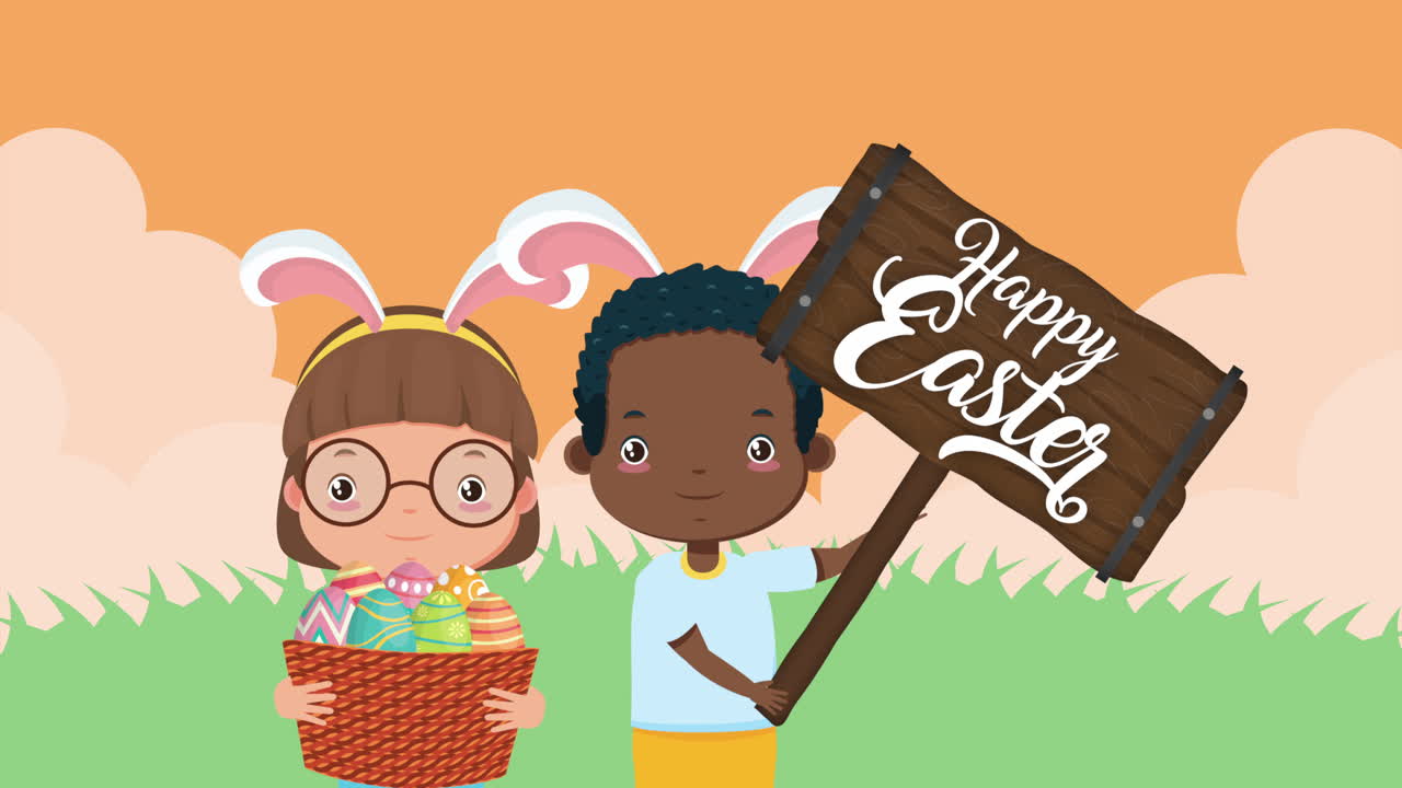 buona pasqua carta animata con bambini piccoli e uova dipinte